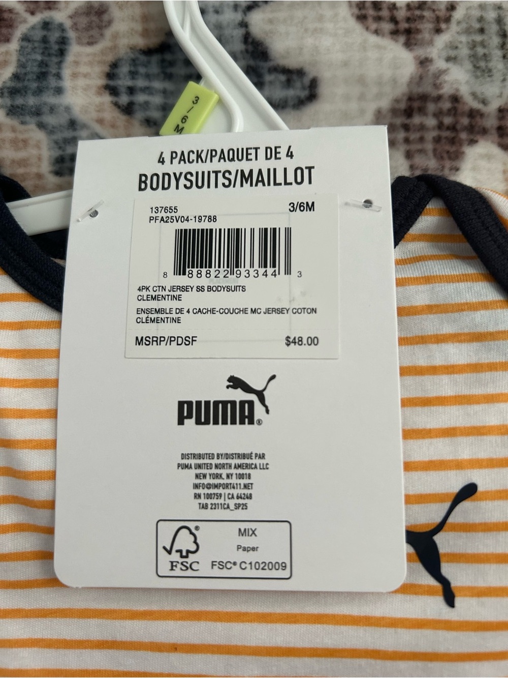 ✅ Puma Baby 4-Pack Bodysuits 3-6M NWT Orange Mint Stripe All-Over Print Logo - Picture 7 of 9